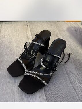Black Rhinestone Strappy Block Heel Sandals - Women